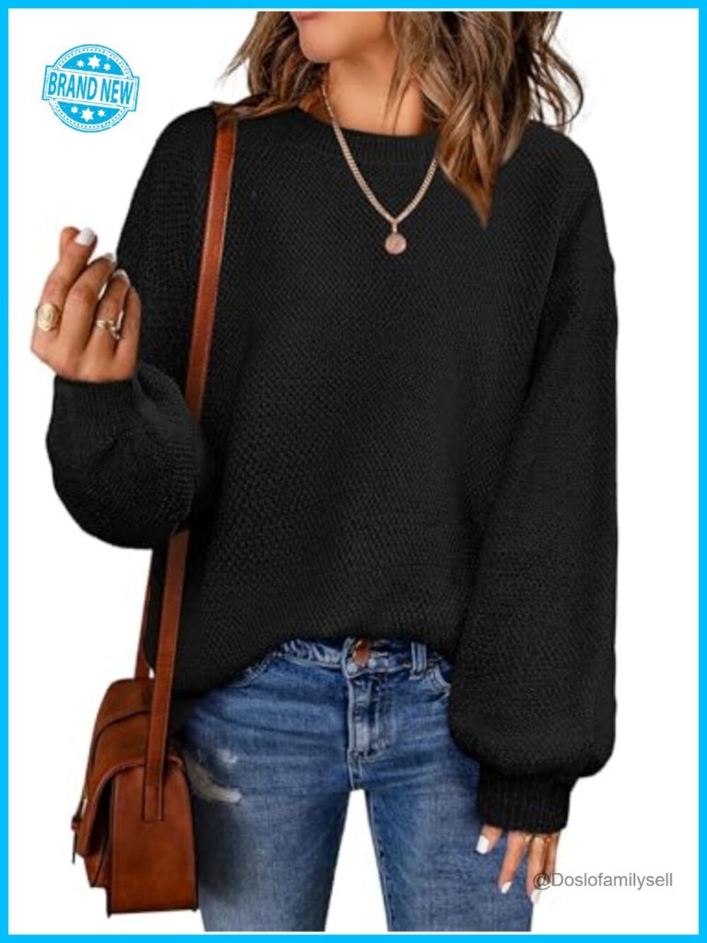 Oversized Chunky Knit Pullover Sweater Long Balloon Sleeve Crew Neck
